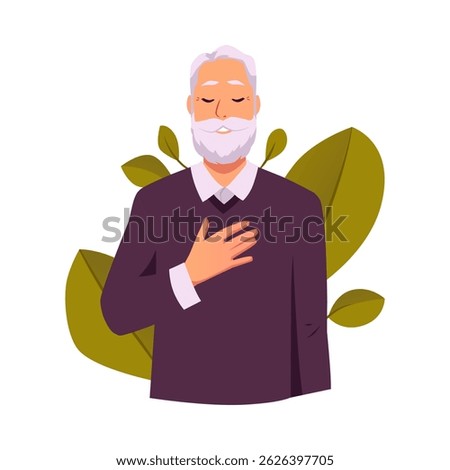 Happy elderly man with beard holds hand on chest. Calm breathing, care, mental health. Character with gray hair on green leaves background. Flat style. Isolated background. Vector illustration.