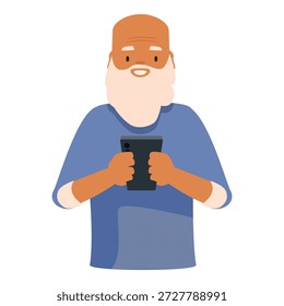 Hombre mayor feliz con la barba y la piel anaranjada usando el teléfono móvil, disfrutando de los beneficios de la comunicación moderna