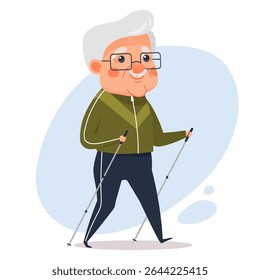Homem idoso feliz andando nórdico com varas de trekking. Personagem masculino sênior em roupas esportivas permanecer ativo e saudável. Ilustração vetorial