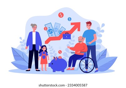 Happy elderly man with family and piggybank vector illustration. Cartoon drawing of old man on wheelchair with savings planning budget. Retirement, financial management, investment, finances concept