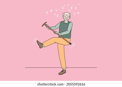 Happy elderly man feel optimistic energetic dancing with walking stick enjoying maturity. Smiling mature grandfather relax rest have fun follow heathy active lifestyle. Flat vector illustration.