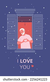 A happy elderly man is gesturing a symbol of love. Valentine's day. Postcard with text. Vector flat illustration