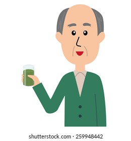 A happy elderly man with a glass of green smoothie in his hand, vector illustration 