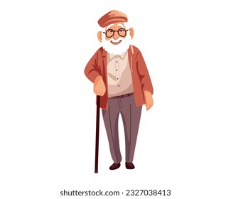 Feliz anciano en gafas con un bastón, caricatura ilustrativa vectorial