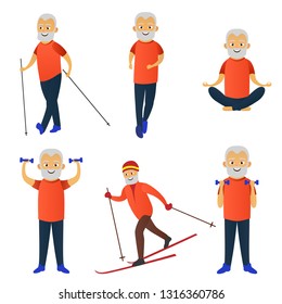 Happy elderly man goes in for sports set. Skiing, dumbbell exercises, running, yoga, nordic walking. Elderly people active lifestyle. Vector illustration
