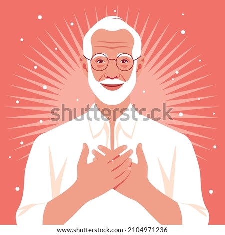 Happy elderly man with hands on his chest. Grateful gesture. Forgiveness. Grandfather. Vector flat illustration