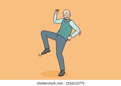 Happy elderly man have fun dancing. Smiling energetic old grandfather feel optimistic and positive moving. Healthy maturity. Vector illustration. 