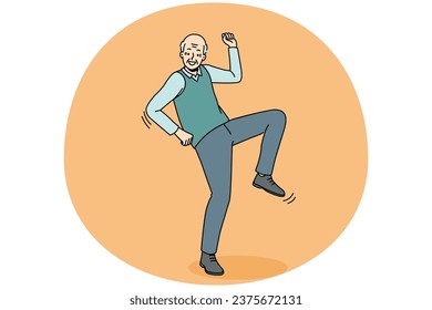 Happy elderly man have fun dancing. Smiling energetic old grandfather feel optimistic and positive moving. Healthy maturity. Vector illustration.