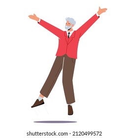 Happy Elderly Man Jump with Raised Arms Isolated on White Background, Senior Male Character Feel Positive Emotions, Rejoice, Celebrate Victory or Success, Laughing. Cartoon People Vector Illustration