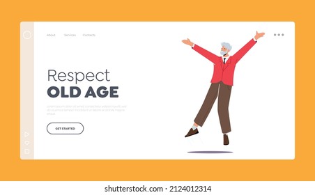 Happy Elderly Man Jump with Raised Arms Landing Page Template. Senior Male Character Feel Positive Emotions, Rejoice, Celebrate Victory or Success, Laughing. Cartoon People Vector Illustration