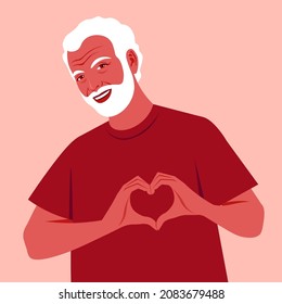 Happy elderly man making a heart with his hands. Love gesture. Portrait of a loving grandfather. Valentine’s day postcard. Vector flat illustration.