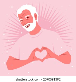 Happy elderly man is making a heart sign with his hands. Love gesture. Portrait of a loving grandfather. Valentine’s day postcard. Vector flat illustration