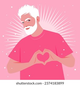 Feliz anciano está haciendo una señal de corazón con sus manos. Gesto de amor. Retrato de un marido amoroso. postal del día de San Valentín. Ilustración plana del vector