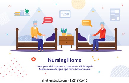 Happy Elderly Man in Nursing Home Cartoon. Mature Male Friends Sitting on Bed and Having Nice Conversation. Daytime Sleep. Flat Bedroom Interior. Advertising Poster. Vector Illustration
