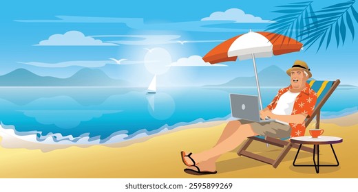 Happy elderly man resting and working with laptop sitting in the beach chair. holiday on vacation banner. relaxing sea view Summer vacation concept.. vector, illustration