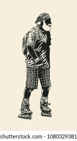 Happy Elderly Man Roller Skating. Drawing Style. Vector illustration.