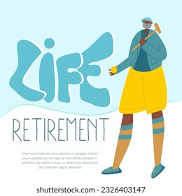 The happy elderly man, silver character, senior holds the wooden croquet set, hammer and bal. Illustration with lettering Retirement LIFE. The wellness old man have got golden years. 