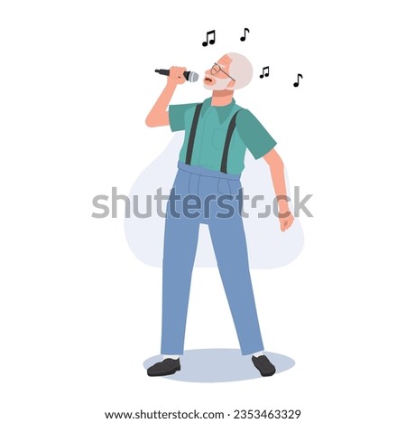  Happy Elderly man Singing.  Active Senior Citizen Enjoys Expressive Karaoke. Flat vector cartoon illustration