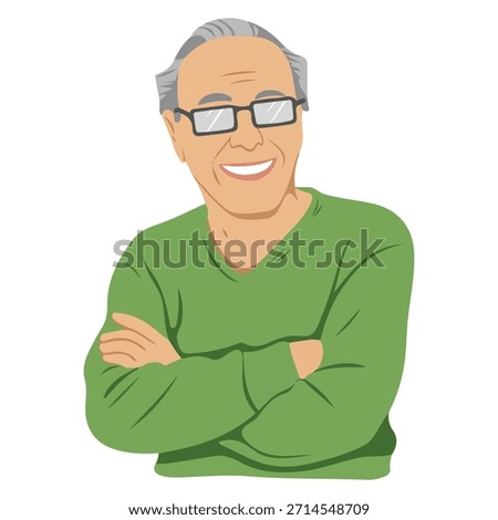 Happy elderly man smiling old mans face glasses laughing cross arm vector
