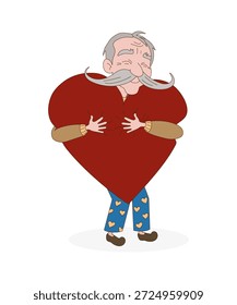 Homem idoso feliz apertando um grande símbolo de amor vermelho com prazer. Ilustração vetorial de um personagem avô expressando forte emoção e cuidado para o Dia dos Namorados