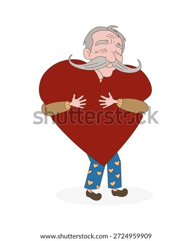 Happy elderly man squeezing a big red love symbol with pleasure. Vector illustration of a grandfather character expressing strong emotion and care for Valentine's Day
