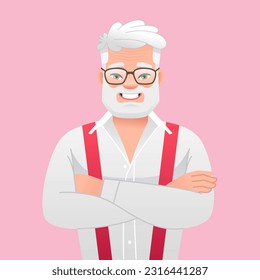 Feliz anciano parado con los brazos cruzados. El viejo abuelo barbudo de pelo gris con gafas. Un empresario exitoso y confiado. Ilustración de dibujos animados aislados en fondo rosa.