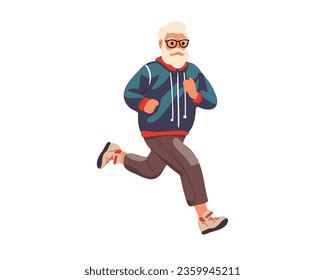 Happy elderly man in tracksuit running, vector illustration