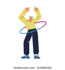 Happy elderly man twisting hula hoop around waist, flat vector illustration isolated on white background. Senior man working out with gymnastic ring. Concepts of sport and active time.