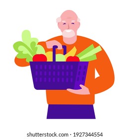 Happy elderly man with vegetables in a shopping basket. Healthy food, old age, longevity. Vector illustration in flat cartoon style. Isolated on a white background.