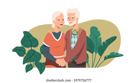 Happy elderly man, woman couple in love embracing holding hands. Senior grandparents persons family standing together hugging. Love relationship, romance, retirement flat vector illustration