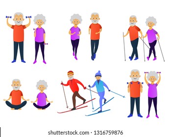 Happy elderly man and woman goes in for sports set. Skiing, dumbbell exercises, running, yoga, nordic walking. Elderly people active lifestyle. Vector illustration
