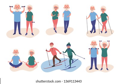 Happy elderly man and woman goes in for sports set. Skiing, dumbbell exercises, running, yoga, nordic walking. Elderly people active lifestyle. Vector illustration
