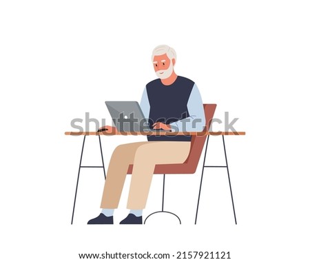 Happy elderly man is working on a laptop. Freelance, online training, email checking, webinar. Elderly man at table in the office. Flat vector illustration.