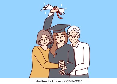 Happy Elderly Parents Hug Excited Daughter In Graduation Mantle Holding Diploma. Smiling Mature Mom And Dad Embrace Happy Girl Graduate From University. Vector Illustration. 