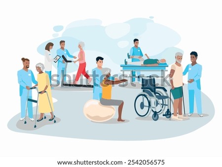 Happy elderly patients undergoing orthopedic rehabilitation with a physiotherapist. Rehabilitation of elderly people. Health recovery after illnesses and injuries. Flat vector illustrations.