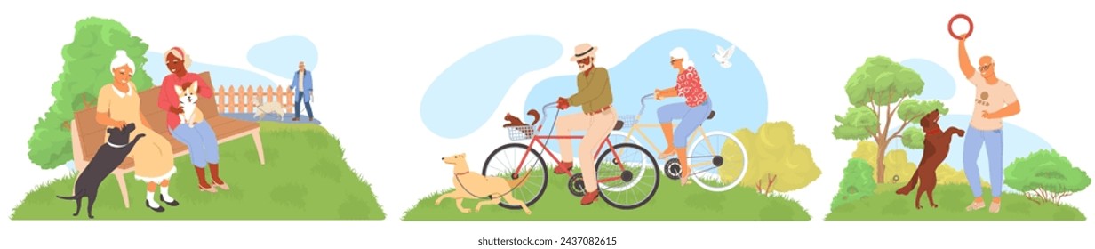 Personajes de dibujos animados de gente anciana feliz que pasan tiempo con las mascotas al aire libre escenografía. Hombre y mujer mayores caminando en el parque, montar en bicicleta, disfrutar de juegos en el parque infantil con perros