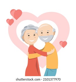 Happy elderly people concept, couple in love embracing. Love relationship, romance, retirement. Flat vector illustration for valentine day 