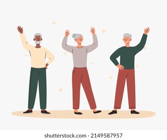 Happy elderly people concept. Group of adult grandparents with their hands raised. Elderly characters happy and smiling. Cheerful men and women pensioners. Cartoon modern flat vector illustration
