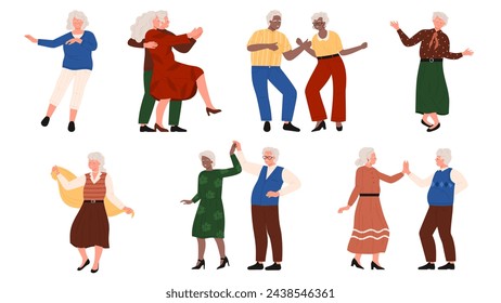 Happy elderly people dancing alone or in pairs set. Male and female aged dancers move in fun active or romantic dance to music, grandfather and grandmother at retro party cartoon vector illustration