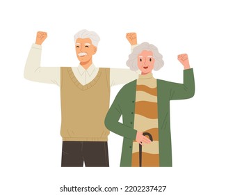 Felices personas mayores aisladas con antecedentes blancos. Abuela y abuelo sanos y fuertes. Concepto de bienestar, calidad de vida, buena vida de las personas mayores. Ilustración vectorial plana.