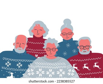 Happy elderly people in red and blue Christmas sweaters are standing together. Community of older people. Winter vector illustration