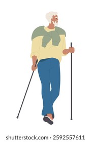 Happy elderly person doing sports. Smiling retired grandfather holds sticks and practices Nordic walking. Senior man leads active lifestyle. Flat vector illustration isolated on background