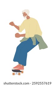 Happy elderly person doing sports. Smiling retired grandfather skateboarding and doing tricks. Senior man leads active and healthy lifestyle. Flat vector illustration isolated on background