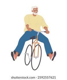 Happy elderly person doing sports. Smiling retired grandfather riding bicycle. Senior man leads active and healthy lifestyle. Flat vector illustration isolated on background