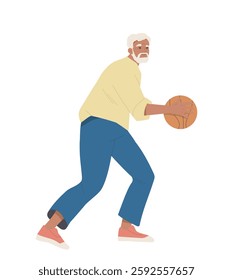 Happy elderly person doing sports. Smiling retired grandfather in sportswear plays basketball. Senior man engaged in sports activities and fitness. Flat vector illustration isolated on background