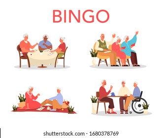 Happy Elderly Playing Bingo Together. Old Man And Woman Playing Bingo. Seniors Spend Time Together Playing Retro Board Game. Retirement Lidestyle Concept. Isolated Flat Vector Illustration