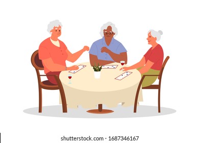 Happy elderly playing bingo together. Old woman playing bingo at the table at home. Seniors spend time together playing retro board game. Retirement lidestyle concept. Isolated vector illustration