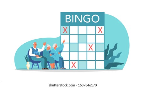 Happy Elderly Playing Bingo Together. Old Man And Woman Playing Bingo. Seniors Spend Time Together Playing Retro Board Game. Retirement Lidestyle Concept. Isolated Flat Vector Illustration