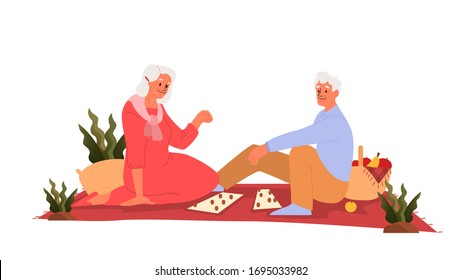 Happy Elderly Playing Bingo Together. Old Man And Woman Playing Bingo. Seniors Spend Time Together Playing Retro Board Game. Retirement Lidestyle Concept. Isolated Flat Vector Illustration