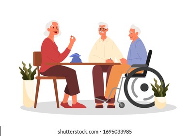 Happy Elderly Playing Bingo Together. Old Man And Woman Playing Bingo. Seniors Spend Time Together Playing Retro Board Game. Retirement Lidestyle Concept. Isolated Flat Vector Illustration